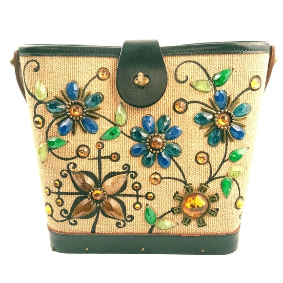 Vintage Handbags - Vtg. ENID COLLINS Jewel Garden Canvas Bucket Bag